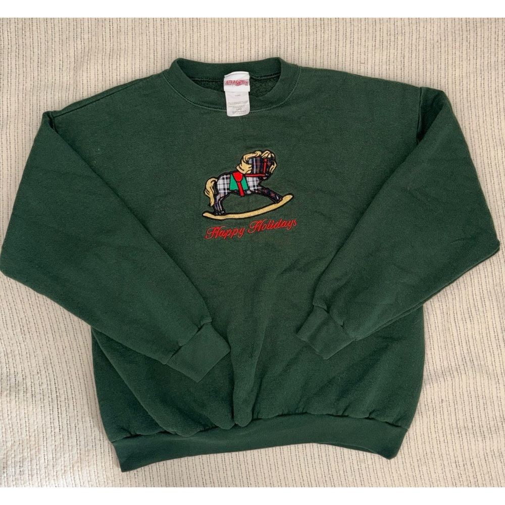 Vintage 1990s Happy Holidays Christmas Sweater With Rocking Horse